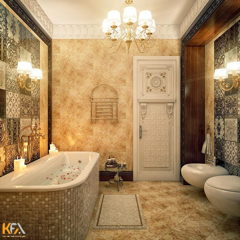 Phòng tắm luxury với gam màu vàng cuốn hút