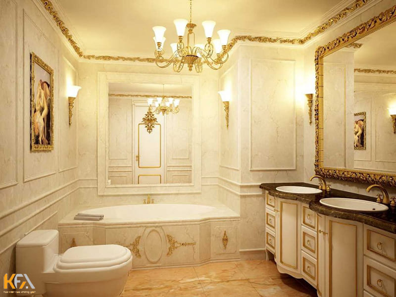 Mẫu phòng tắm cổ điển sang trọng nhờ thiết kế đèn chùm và phảo chỉ