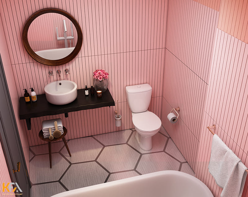 Phòng tắm ốp gạch vân dọc màu hồng