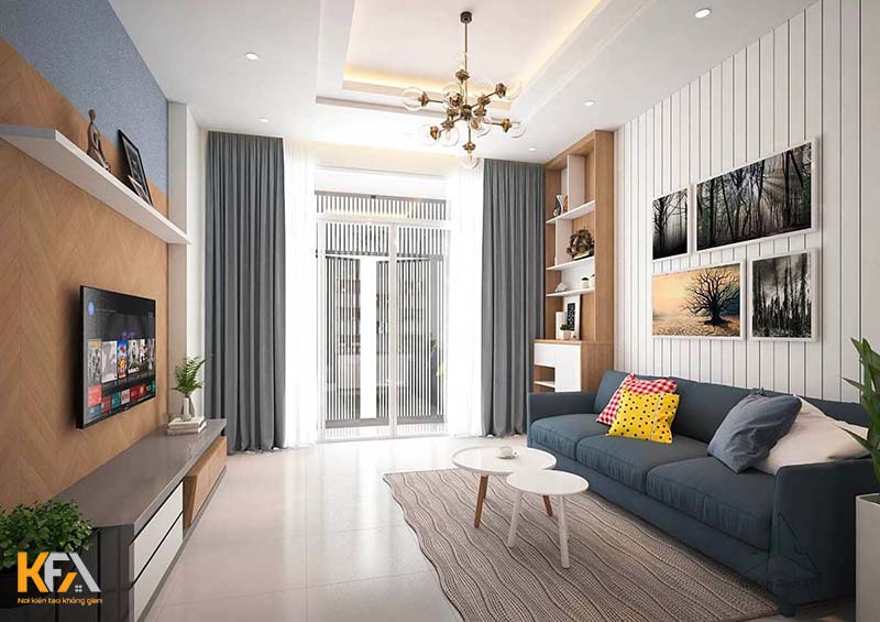 Thiết kế phòng khách đơn giản mà đẹp với tone xanh navy ấn tượng