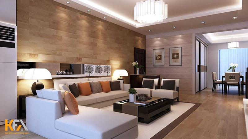 Thiết kế phòng khách biệt thự với bộ sofa lùn cùng vách tường ốp đá hiện đại