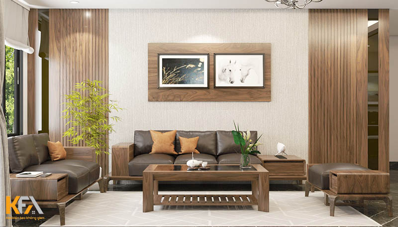 Thiết kế phòng khách đơn giản mà đẹp với chất liệu da kết hợp cùng gỗ tự nhiên sang trọng