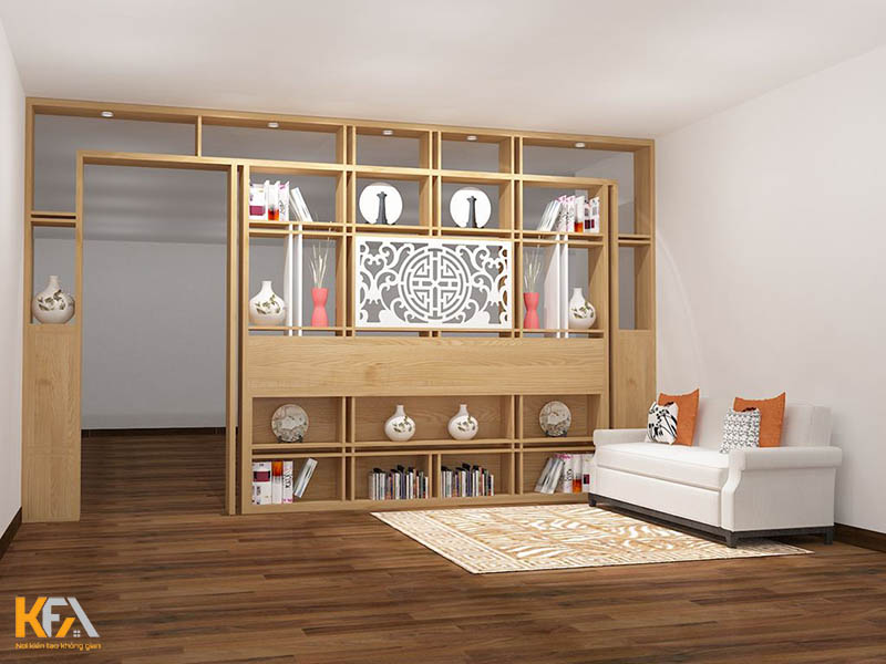 Vách ngăn phòng khách kết hợp gỗ công nghiệp và nhựa đẹp mắt, cùng tone màu với nội thất