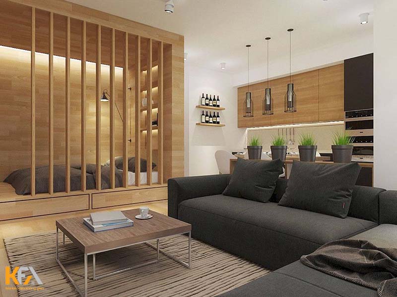 Thiết kế vách ngăn phòng khách với phòng ngủ bằng những thanh gỗ dọc