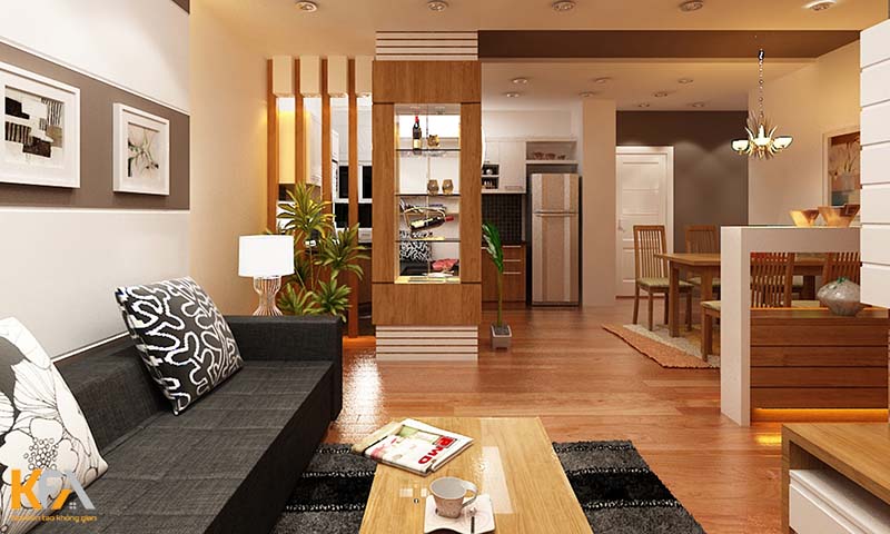Thiết kế vách ngăn phòng khách bằng gỗ công nghiệp gọn gàng, kết hợp kệ trưng bày đẹp mắt