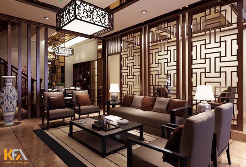 Thiết kế vách ngăn phòng khách bằng gỗ tự nhiên theo phong cách Indochine