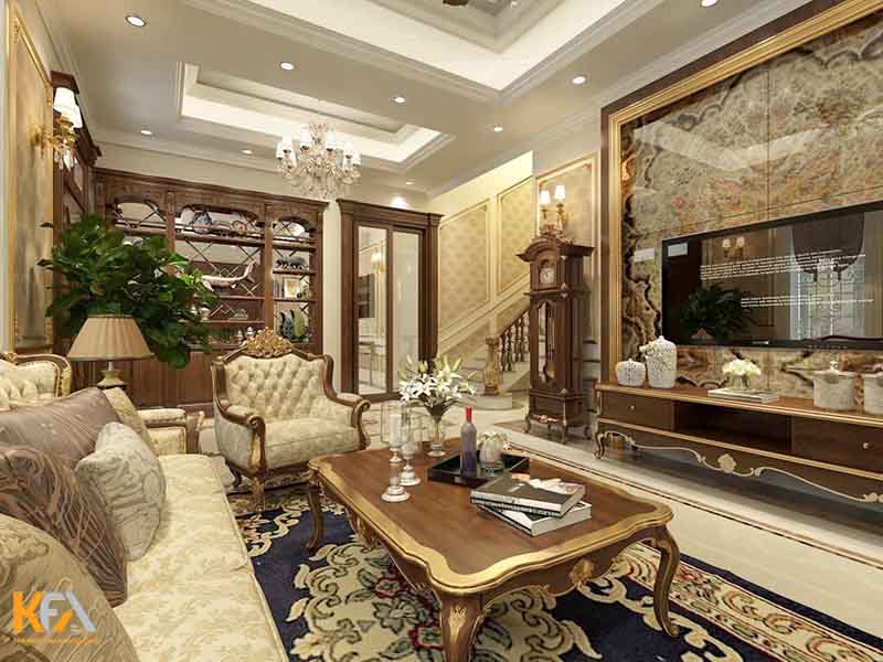 Phòng khách thiết kế theo phong cách tân cổ điển với nội thất gỗ gõ đỏ