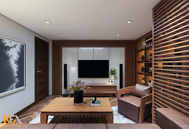 Phòng khách hiện đại, sang trọng với nội thất gỗ công nghiệp MDF