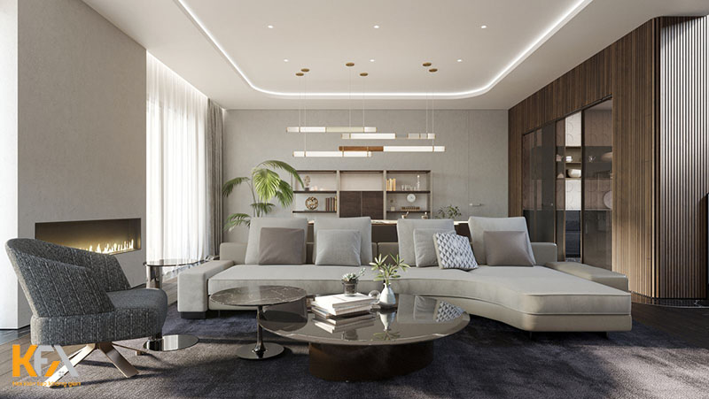 Phòng khách biệt thự sang trọng, trang nhã với bộ sofa và màu nền đều cùng màu trung tính