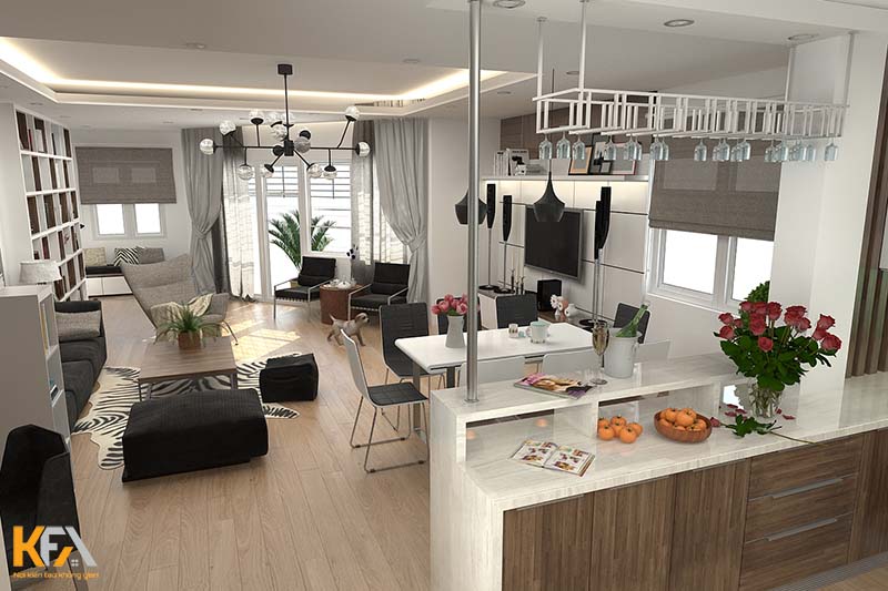 Thiết kế phòng khách và phòng bếp kết hợp trong không gian nhỏ - Mẫu 12