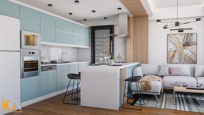 Mẫu thiết kế không gian phòng khách cùng bếp hiện đại, tone màu nhẹ nhàng