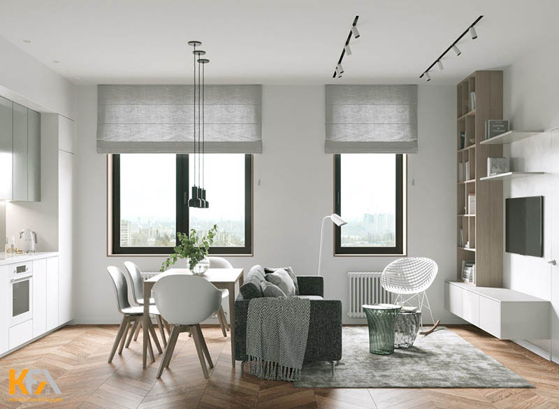 thiết kế không gian phòng khách cùng bếp tone màu trắng xám ấn tượng