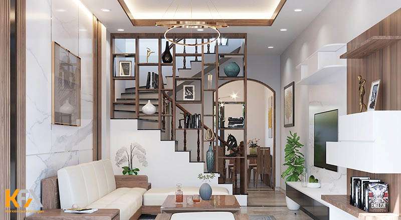 Cầu thang phân tách không gian phòng khách và phòng bếp với nhau