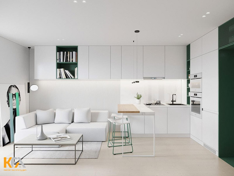 Thiết kế mở kết hợp cùng tone trắng, nội thất đa năng giúp phòng khách, bếp thêm rộng