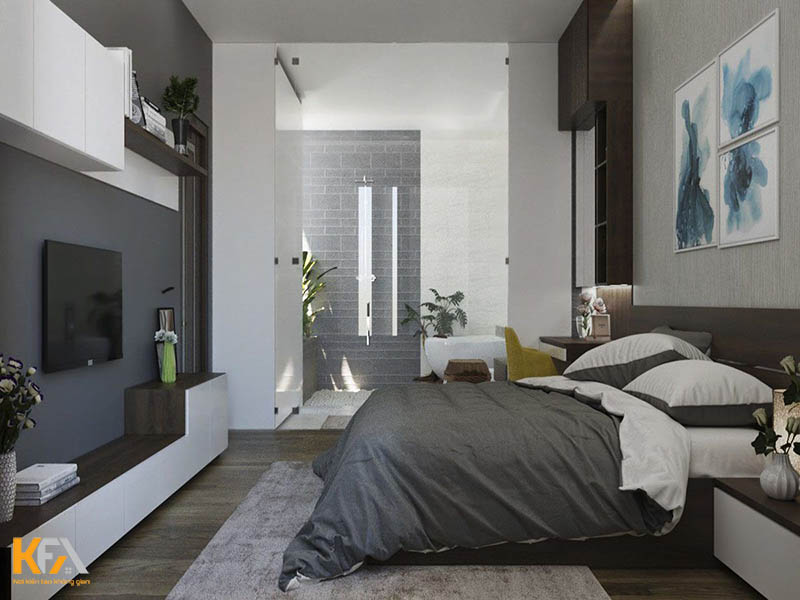 Tone trắng đen chủ đạo thể hiện rõ nét phong cách hiện đại trong phòng ngủ nhà phố mặt tiền 5m2