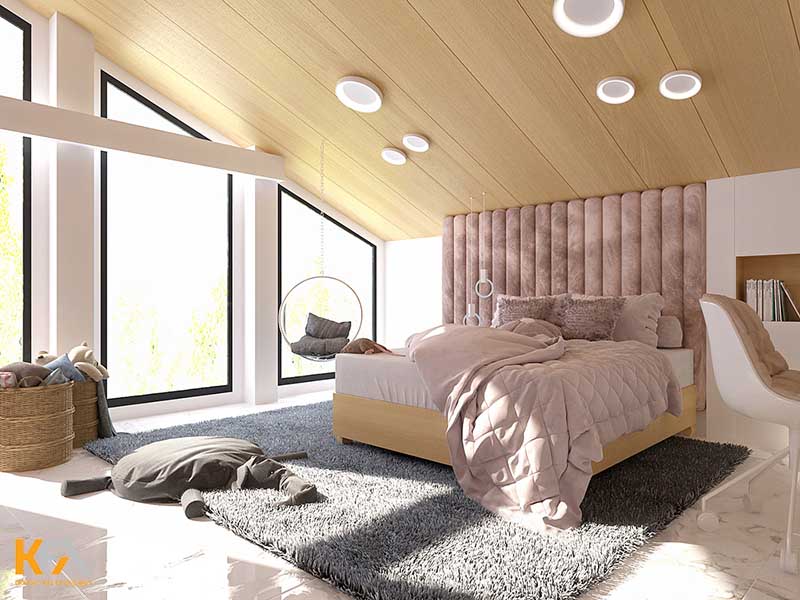 Phòng ngủ đẹp cho nữ màu hồng trên tầng gác mái