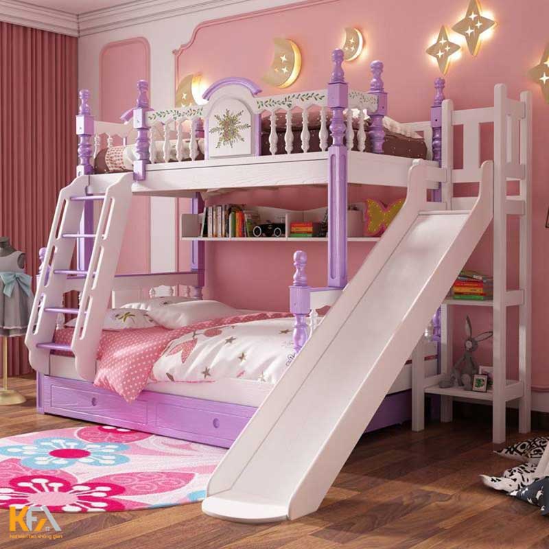 Giường ngủ tầng cho hai bé gái sử dụng màu hồng và tím