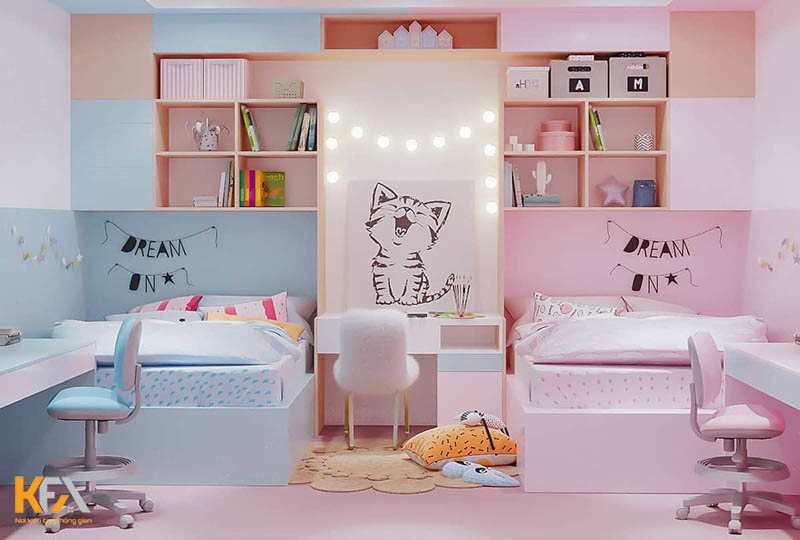 Phòng ngủ sinh động cho một bé trai một bé gái với nhiều họa tiết trang trí
