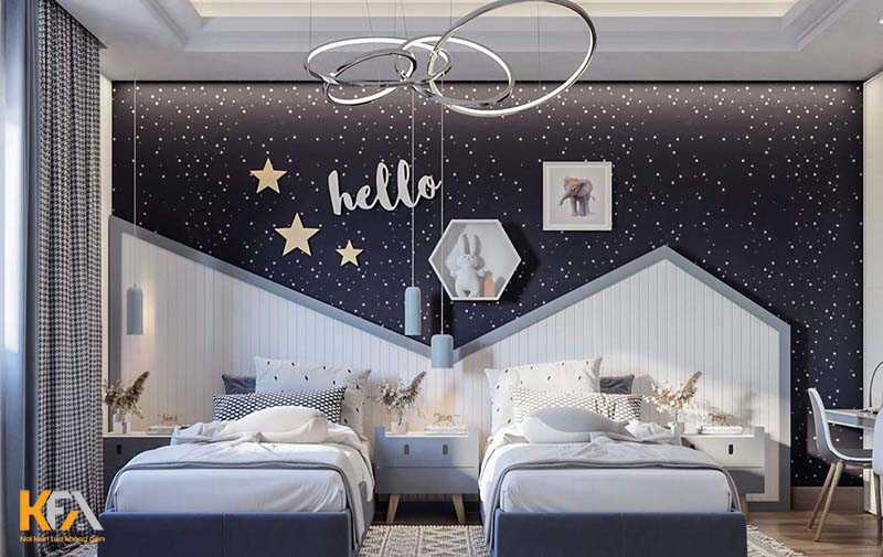 Phòng ngủ ấn tượng với bầu trời sao trên tường dành cho 2 bé