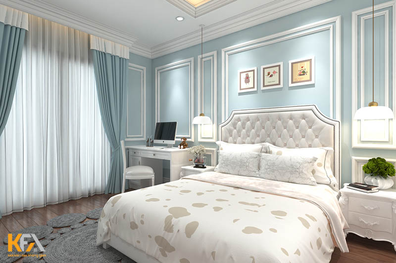 Phòng ngủ thiết kế theo phong cách tân cổ điển sử dụng màu xanh ngọc làm điểm nhấn