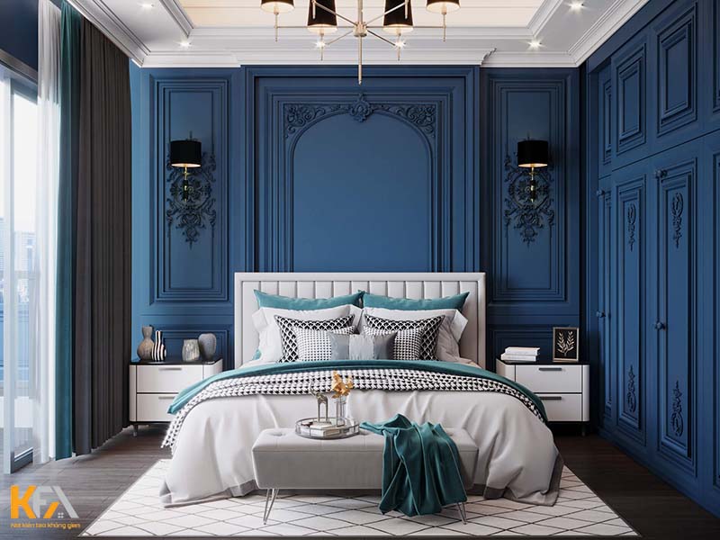 Phòng ngủ đẹp cho nữ màu xanh dương, thiết kế theo phong cách tân cổ điển