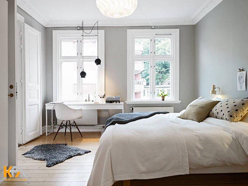 Phòng ngủ cho nữ thiết kế phong cách hiện đại với hai cửa sổ đón nắng, đón gió