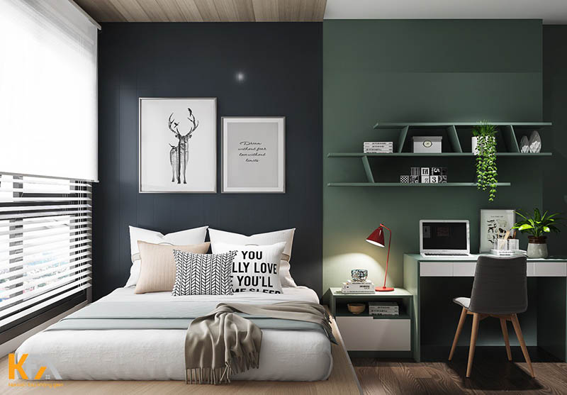 Phòng ngủ cá tính dành cho nữ kết hợp màu xanh và đen xám