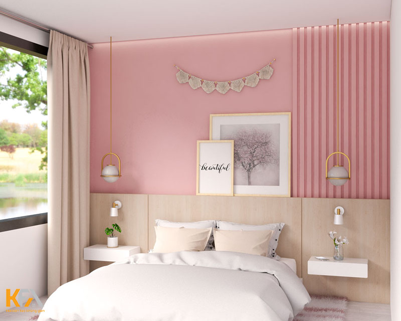 Phòng ngủ nữ ngọt ngào kết hợp màu hồng và trắng