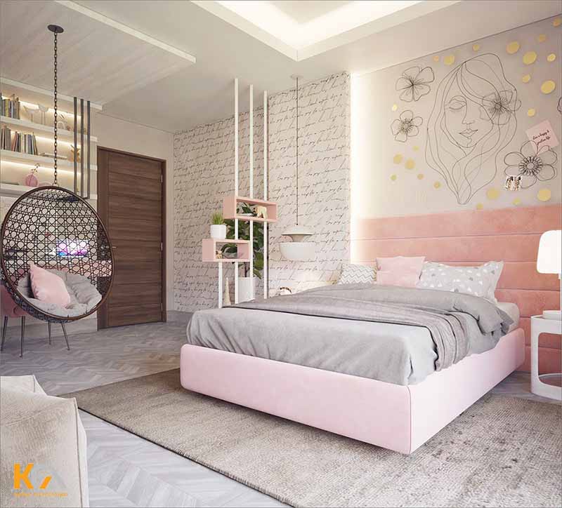Phòng ngủ nữ đơn giản nhẹ nhàng kết hợp màu trắng và hồng pastel