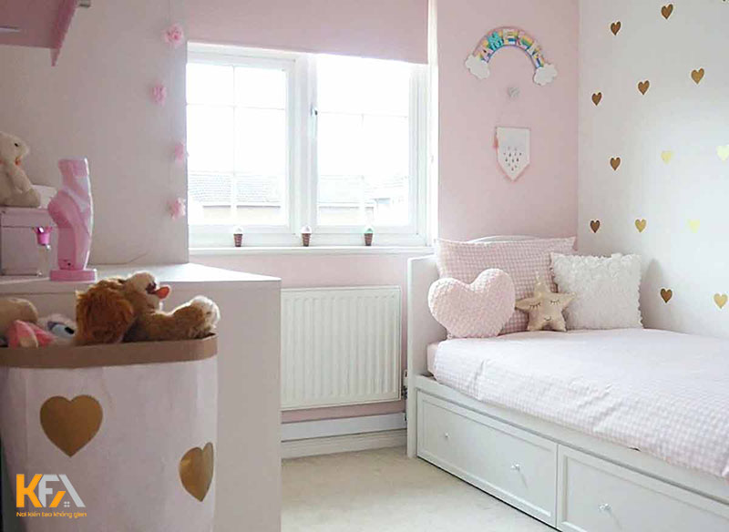 Phòng ngủ ngọt ngào, dễ thương cho bé gái khi kết hợp tone hồng phấn và trắng