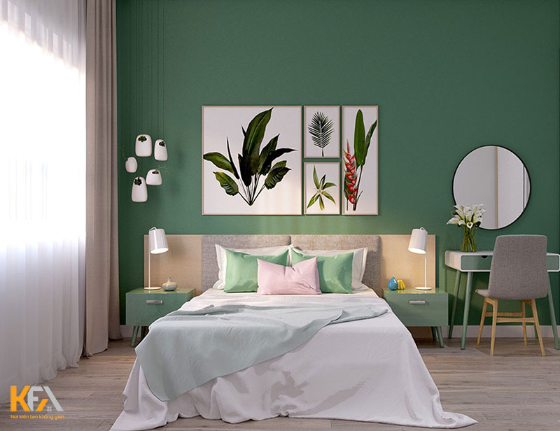 Thiết kế phòng ngủ đẹp cho nữ theo phong cách Bắc Âu với màu xanh lá bắt mắt