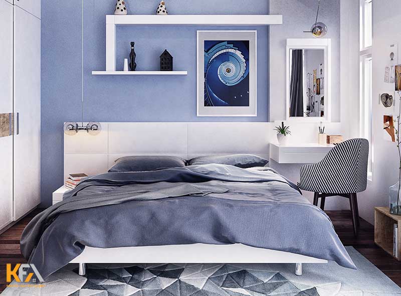 Phòng ngủ ngập tràn màu xanh dương với những đồ nội thất đa năng
