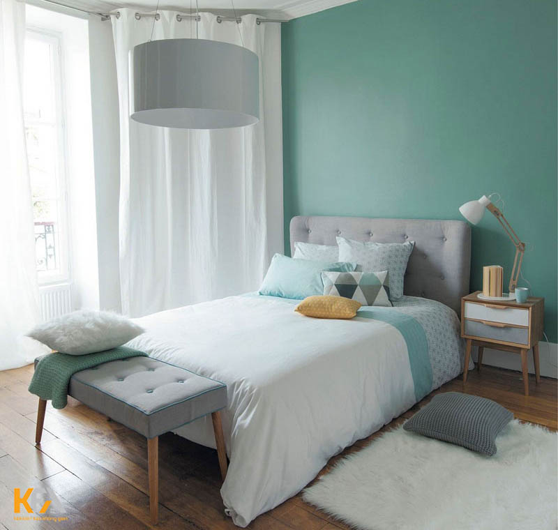Phòng ngủ đẹp hiện đại cho nữ kết hợp màu xanh ngọc và màu trắng