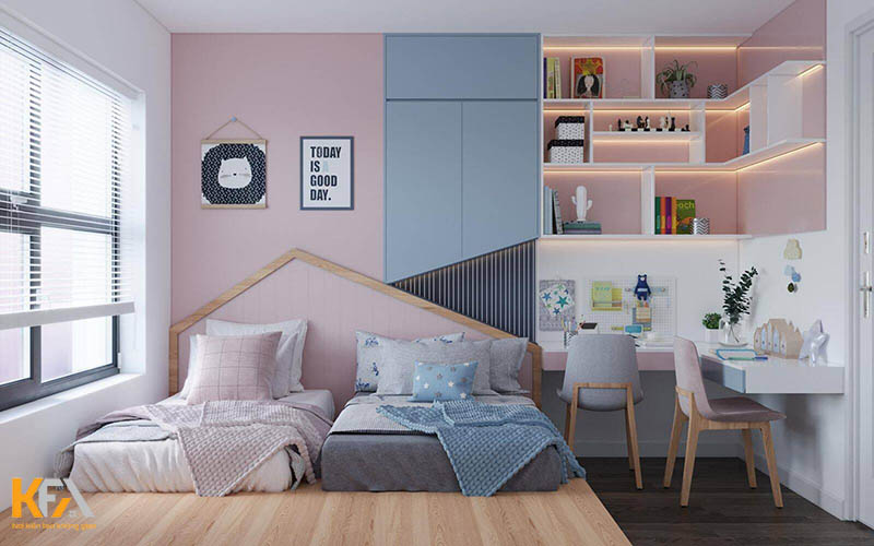 Sử dụng tone hồng và xanh kết hợp cho phòng ngủ cho một bé gái và một bé trai