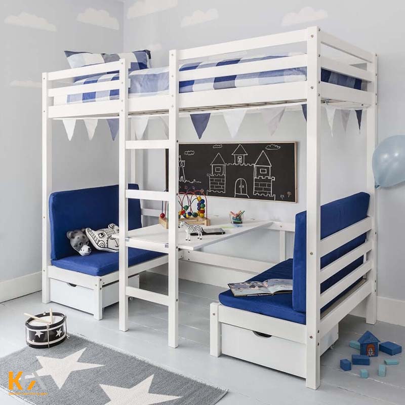 Mẫu giường tầng cho hai bé trai sử dụng tone xanh lam và trắng