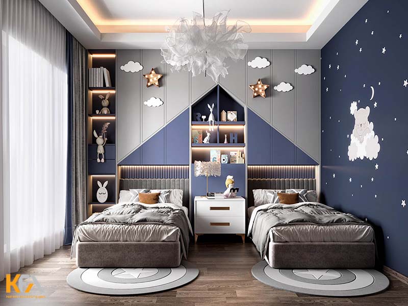 Thiết kế phòng ngủ hai giường song song cho 2 bé trai