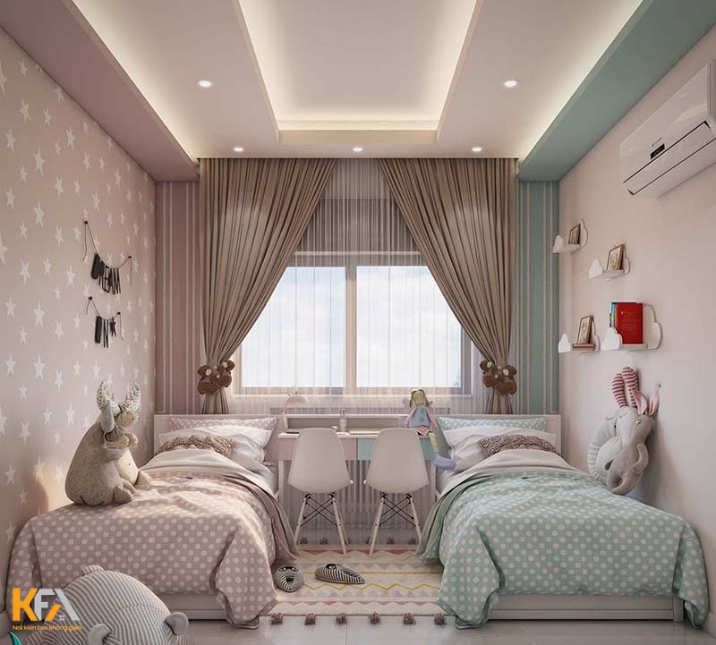 Mẫu thiết kế phòng ngủ ngọt ngào cho hai bé gái với hai giường đơn
