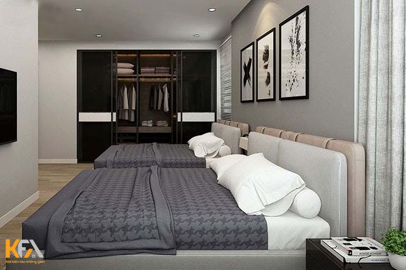 Thiết kế phòng ngủ với hai giường song song truyền thống, tiện nghi