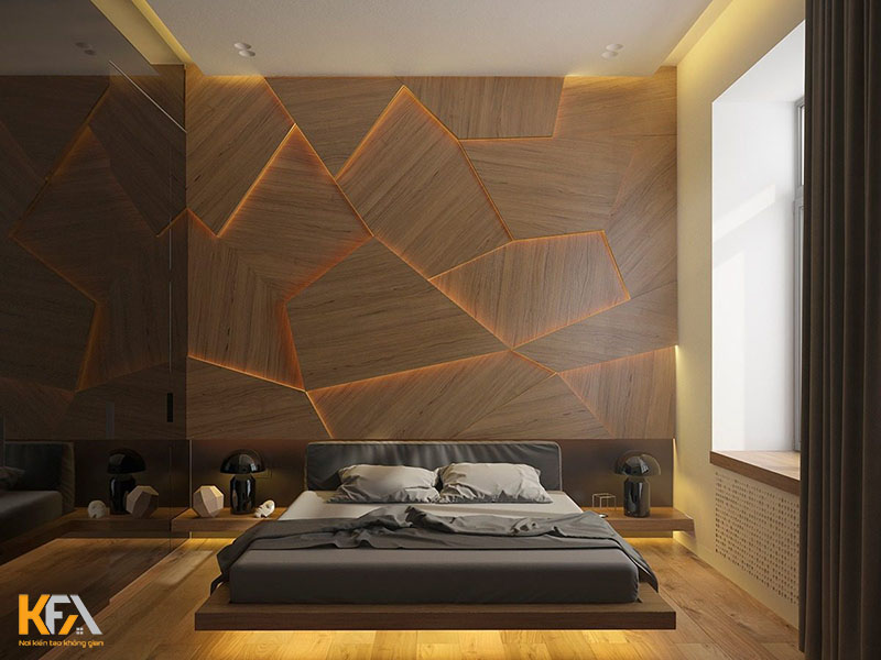 Trang trí phòng ngủ với vách gỗ ốp phía sau giường