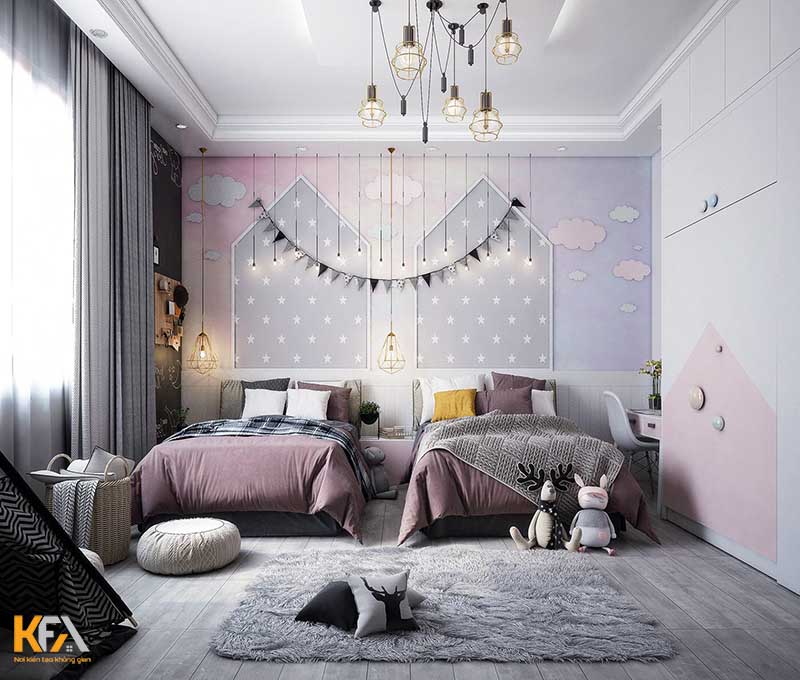 Phòng ngủ giường đôi cho hai bé gái với nhiều họa tiết trang trí