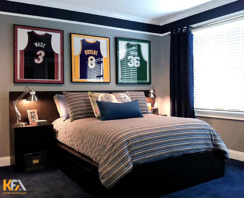 Phòng ngủ 15m2 cho bé trai ấn tượng với bộ 3 bức tranh áo bóng rổ