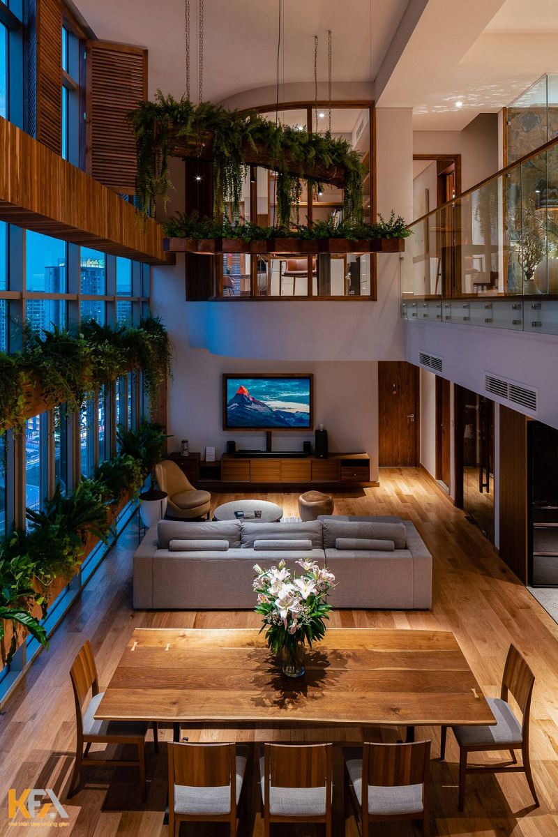 Mẫu thiết kế nội thất phòng khách hiện đại với cây xanh bao quanh