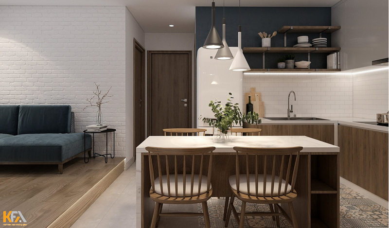 Thiết kế không gia phòng bếp kết nối với phòng khách qua màu sắc trang trí