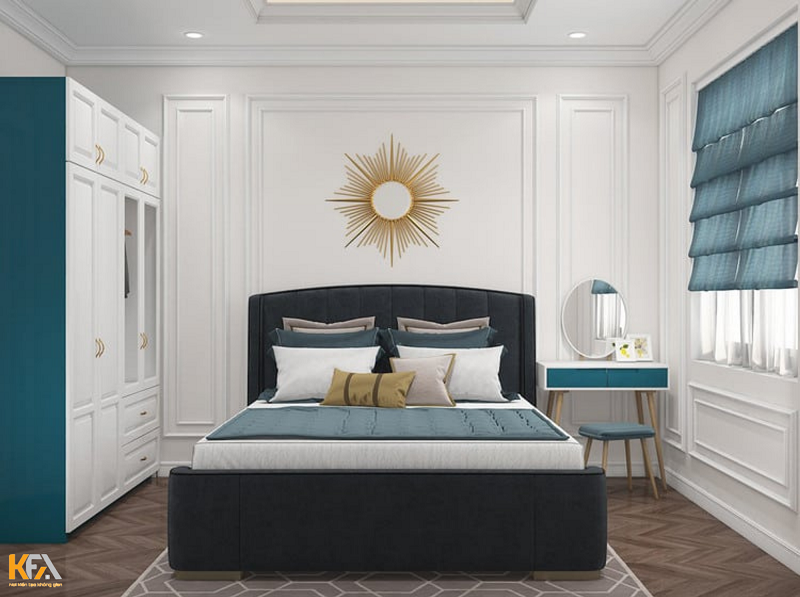 Thiết kế nội thất phòng ngủ lớn với 2 màu trắng - xanh đặc trưng.