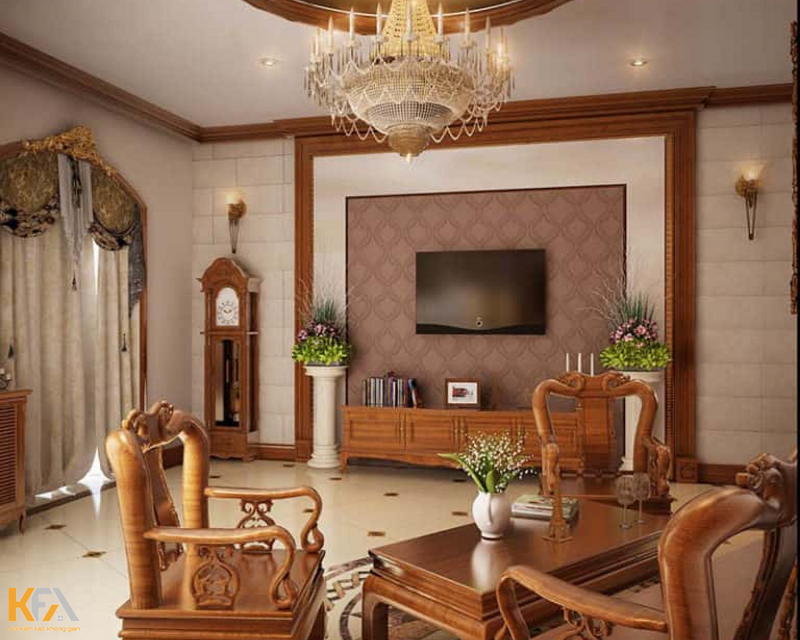 Phòng khách hiện đại thiết kế từ gỗ gõ tự nhiên