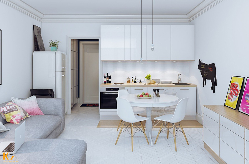 Không gian phòng khách kết hợp bếp thiết kế đơn giản cùng tone màu trắng nhẹ nhàng