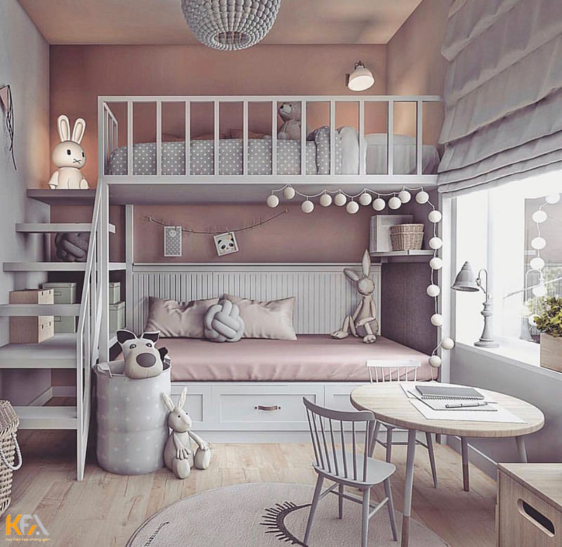 Căn phòng được bố trí giường tầng với gam màu tím pastel nhẹ nhàng