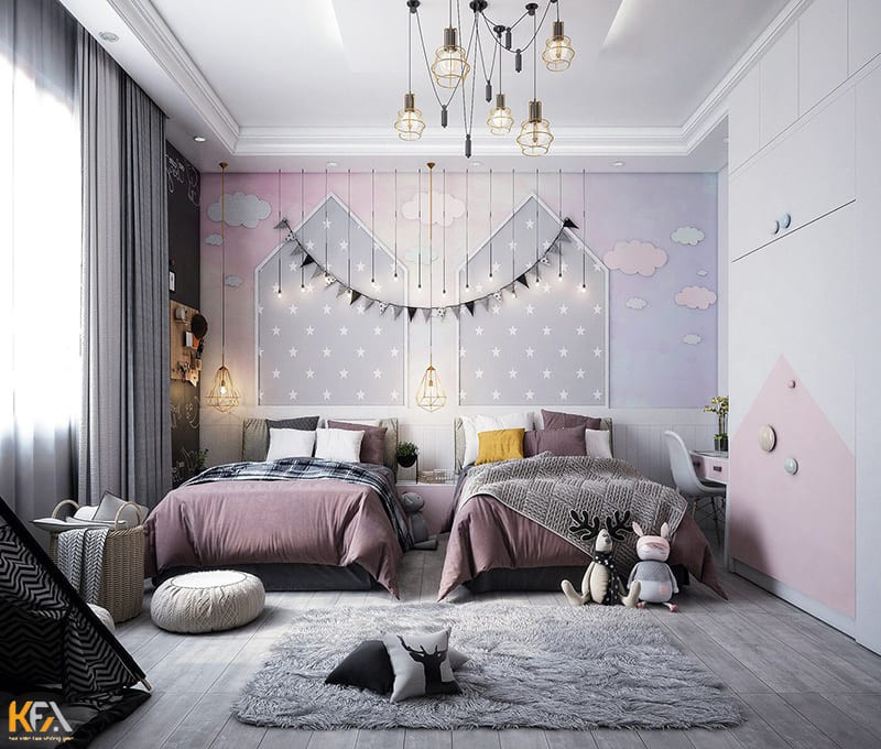 Phòng ngủ màu tím 2 giường cho các bé gái