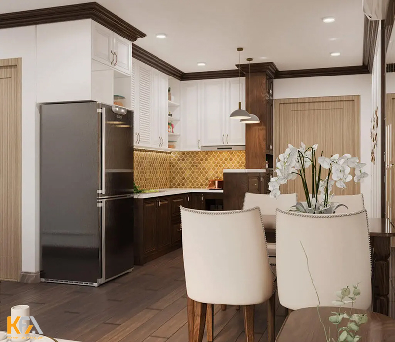 Không gian phòng bếp cũng được thiết kế với tone màu trắng tiếp nối từ phòng khách