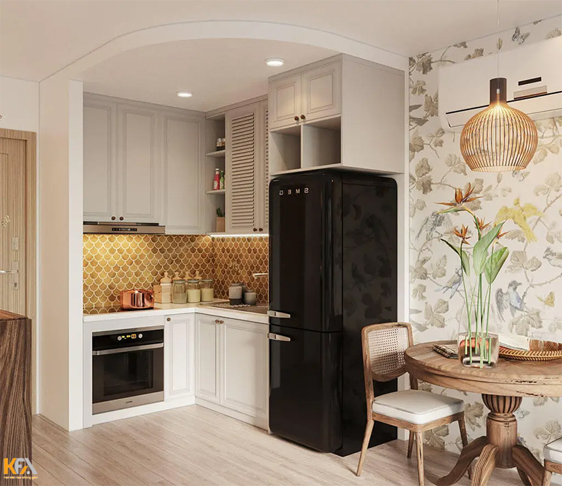 Thiết kế không gian bếp với sự gọn gàng cùng mẫu tủ bếp màu trắng nhẹ nhàng